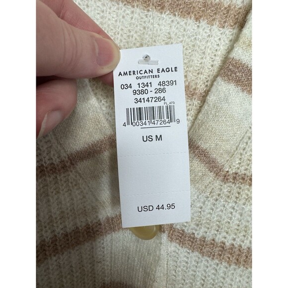 American Eagle Medium Sweater Beige Striped Cropped Button Up Balloon Sleeve NWT - Picture 6 of 12